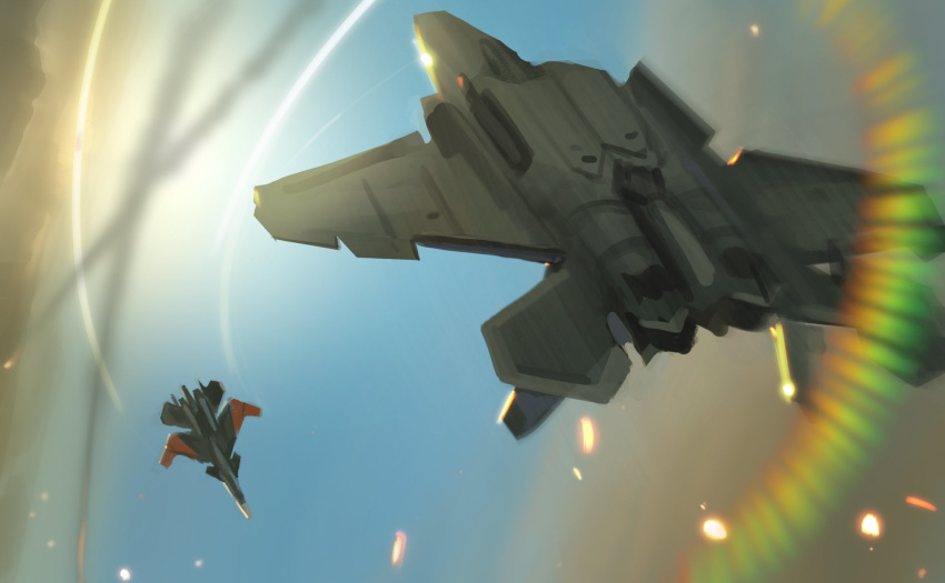 ace_combat ace_combat_7 aerial_battle aircraft airplane battle cloud dogfight fighter_jet highres jet lynchis mihaly_a_shilage military military_vehicle sky sun sun_flare sun_glare trigger_(ace_combat)