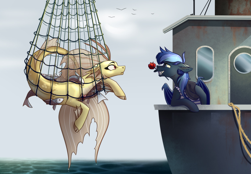 28gooddays adagio_dazzle_(eg) bat_pony boat clothed clothing equestria_girls equid eye_contact female feral fish flower hi_res looking_at_another male male/female mammal marine my_little_pony net plant rose_(flower) vehicle water watercraft