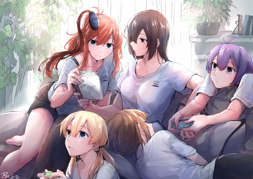 5girls absurdres alternate_costume bangs black_hair black_shorts blonde_hair book breasts brown_hair closed_eyes closed_mouth clothes_writing controller couch game_controller hair_ornament highres holding holding_book holding_game_controller indoors joy-con kantai_collection long_hair lying multiple_girls mutsu_(kantai_collection) nagato_(kantai_collection) nintendo_switch on_side open_mouth operation_crossroads pin.s plant playing_games ponytail prinz_eugen_(kantai_collection) purple_hair sakawa_(kantai_collection) saratoga_(kantai_collection) shirt short_hair short_sleeves shorts side_ponytail signature sitting smokestack_hair_ornament stay_at_home twintails