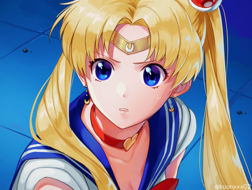 1girl akatsuki_(kuon) bishoujo_senshi_sailor_moon blonde_hair blue_eyes blue_sailor_collar breasts choker cleavage collarbone commentary_request crescent crescent_earrings derivative_work diadem earrings eyebrows_visible_through_hair hair_bun heart heart_choker jewelry long_hair red_choker sailor_collar sailor_moon sailor_moon_redraw_challenge sailor_senshi sailor_senshi_uniform screencap_redraw solo tsukino_usagi twintails twitter_username upper_body