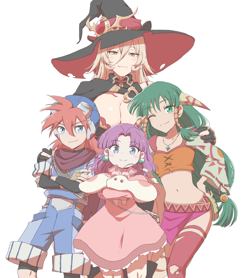1boy 3girls absurdres bag blonde_hair blue_eyes breasts brown_eyes cleavage dark_green_hair dress earrings eyebrows_visible_through_hair feena_(grandia) feet_out_of_frame fingerless_gloves gloves goggles goggles_on_head grandia grandia_i green_eyes hair_tubes hand_on_another's_shoulder handbag hat highres indo_no_gyuunyuuya jewelry justin_(grandia) large_breasts long_hair looking_at_viewer low-tied_long_hair multiple_girls navel necklace nijisanji nui_sociere one_eye_closed orange_hair partly_fingerless_gloves purple_hair puui_(grandia) simple_background smile sue_(grandia) thighhighs torn_clothes torn_hat torn_legwear virtual_youtuber white_background witch_hat