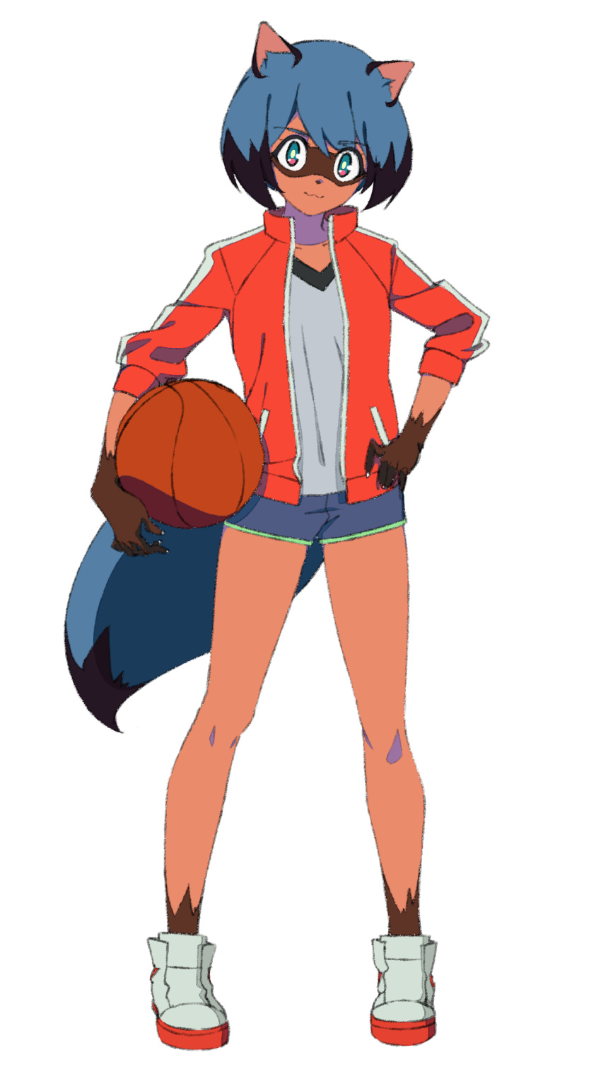 absurd_res anthro ball basketball_(ball) black_body black_fur black_hair black_nose blue_body blue_eyes blue_hair bottomwear brand_new_animal brown_body brown_fur canid canine clothed clothing female fluffy fluffy_tail footwear fur hair hand_on_hip hi_res holding_object jacket looking_at_viewer mammal michiru_kagemori multicolored_body multicolored_fur multicolored_hair open_jacket raccoon_dog shoes shorts simple_background solo studio_trigger tanuki topwear watanabe_n white_background
