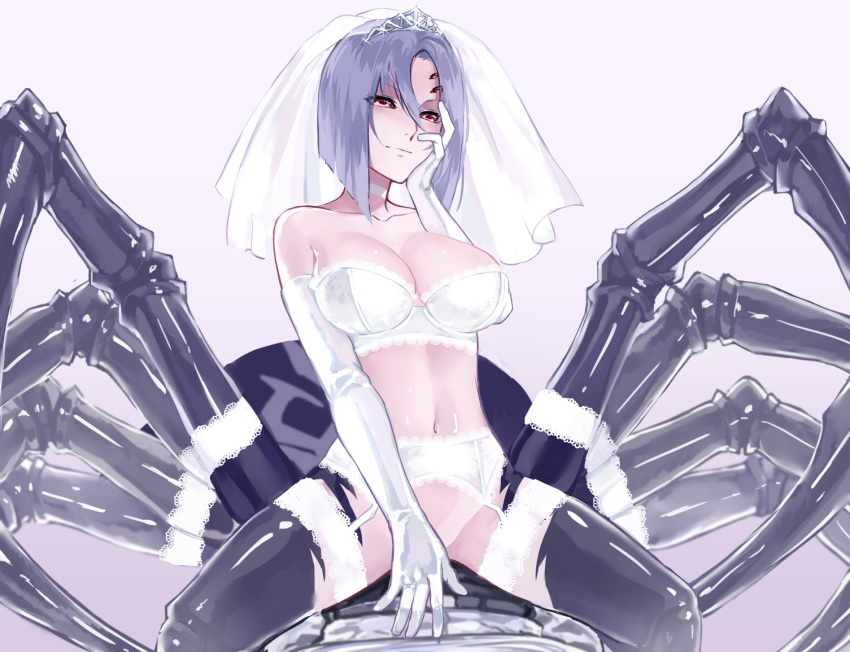 1girl arachne bare_shoulders bra breasts bridal_veil cleavage closed_mouth collarbone convenient_censoring covering covering_crotch elbow_gloves extra_eyes extra_legs eyebrows_visible_through_hair gloves grey_hair hair_between_eyes hand_on_own_cheek hand_on_own_face insect_girl jewelry large_breasts lingerie looking_at_viewer monster_girl monster_musume_no_iru_nichijou navel rachnera_arachnera red_eyes ring short_hair simple_background spider_girl underwear veil wedding_band white_gloves zakirsiz