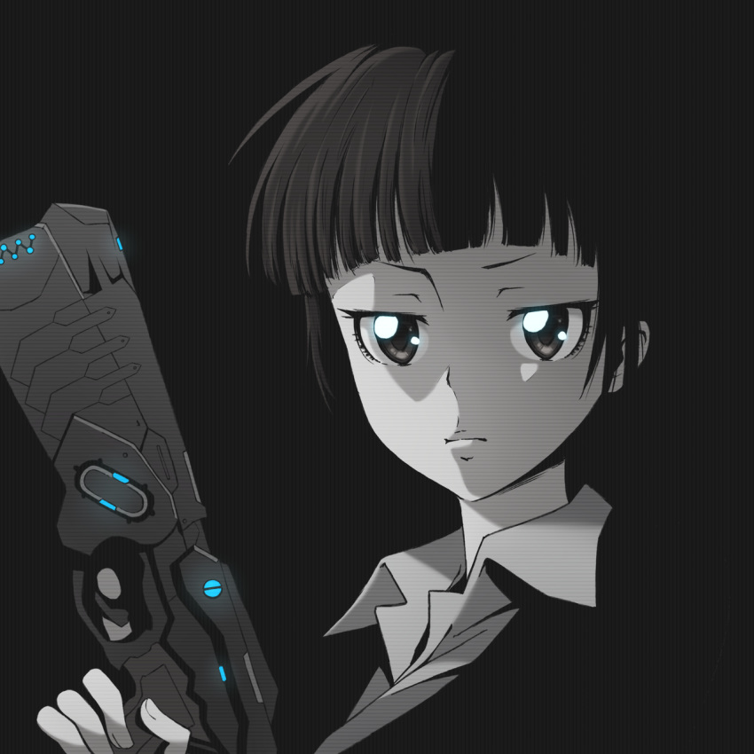 1girl bangs black_background black_hair blunt_bangs closed_mouth dominator_(gun) english_commentary gun highres holding holding_gun holding_weapon kukie-nyan looking_at_viewer psycho-pass shirt short_hair simple_background solo tsunemori_akane upper_body weapon white_shirt wing_collar