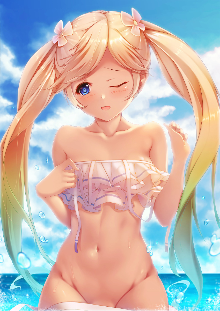 1girl bangs bikini blonde_hair blue_eyes blue_sky blush breasts collarbone dark_skin flower frilled_bikini frills gradient_hair granblue_fantasy hair_flower hair_ornament highres io_euclase long_hair medium_breasts mochi19901019 multicolored_hair navel ocean one_eye_closed open_mouth rainbow_hair sky smile swept_bangs swimsuit tan twintails white_bikini