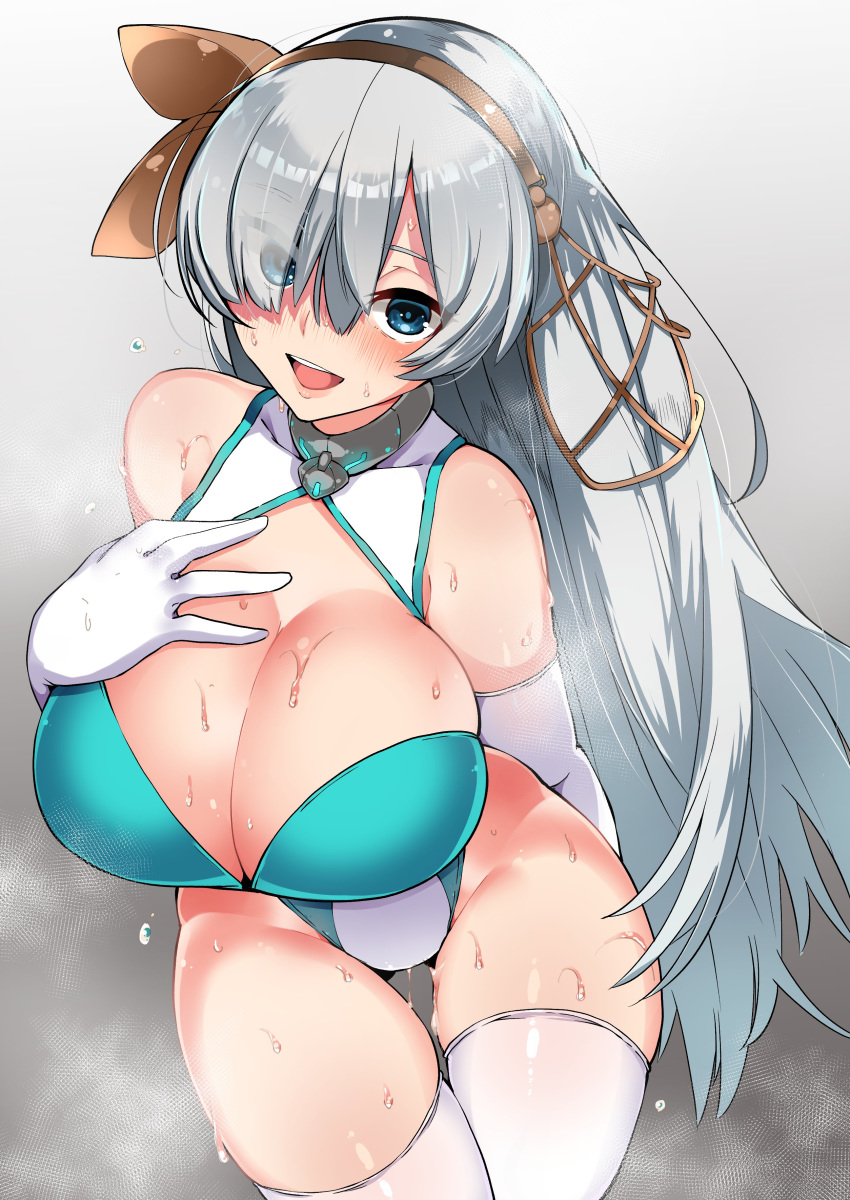 1girl absurdres alternate_breast_size alternate_costume anastasia_(fate/grand_order) bare_hips bare_shoulders blue_bra blue_eyes blush bra breasts cleavage collar elbow_gloves eyebrows_visible_through_hair eyes_visible_through_hair fate/grand_order fate_(series) gloves hair_ornament hand_on_breast hand_on_own_chest hands_on_own_breasts highres huge_breasts kobo_(cobo_0609) large_breasts long_hair looking_at_viewer open_mouth simple_background solo sweat sweatdrop sweating_profusely thighhighs underwear very_long_hair wet wet_clothes white_gloves white_hair white_legwear