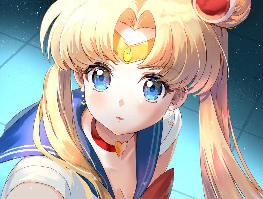 1girl absurdres bishoujo_senshi_sailor_moon blonde_hair blue_eyes blue_sailor_collar breasts choker cleavage collarbone crescent crescent_earrings derivative_work diadem earrings hair_bun heart heart_choker highres jewelry kian long_hair red_choker sailor_collar sailor_moon sailor_moon_redraw_challenge sailor_senshi sailor_senshi_uniform screencap_redraw solo tsukino_usagi twintails upper_body