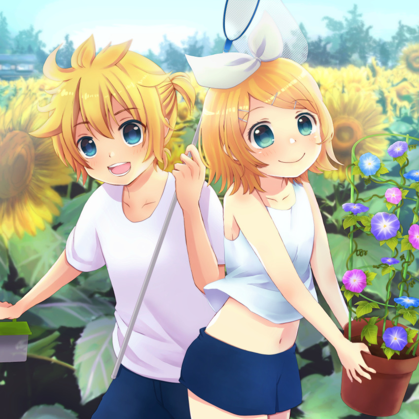 1boy 1girl :d absurdres alice420 bangs blonde_hair blue_eyes blue_shorts blurry blurry_background blush bow breasts brother_and_sister butterfly_net collarbone commentary cowboy_shot crop_top day eyebrows_visible_through_hair flower hair_between_eyes hair_bow hair_ornament hair_ribbon hairclip hand_net highres holding_butterfly_net holding_cage holding_pot kagamine_len kagamine_rin lens_flare looking_at_viewer midriff navel open_mouth outdoors plant potted_plant ribbon shirt short_hair short_ponytail short_sleeves shorts siblings sidelocks small_breasts smile standing summer sunflower t-shirt teeth twins vocaloid white_shirt