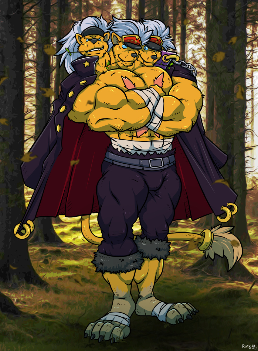 2020 3_heads anthro bandaged_arm bandaged_feet barefoot belt belt_buckle big_feet big_muscles black_claws bulge canid cape cerberus chewing_object claws clothing coat crossed_arms european_mythology feet felid forest fur gold_ring gold_rings greek_mythology grin hair hat headgear headwear hi_res huge_muscles jacket lion looking_at_another looking_up male mammal multi_head multifur muscular muscular_male mythology pantherine rackun smile solo star_badge tail_ring toe_claws topwear tree white_hair yellow_body yellow_fur