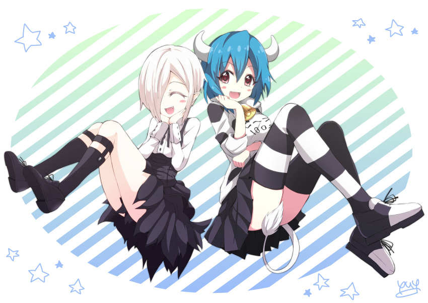 2girls :d absurdres animal_print arm_under_breasts bell bell_collar black_footwear black_legwear blue_hair blush breasts closed_eyes clothes_writing collar cow_girl cow_horns cow_print eyebrows_visible_through_hair fang fangs flat_chest full_body hair_between_eyes hair_over_one_eye halftone hands_on_own_chin highres horns impossible_clothes impossible_shirt jacket jashin-chan_dropkick kneehighs large_breasts long_sleeves looking_at_viewer minos_(jashin-chan_dropkick) multiple_girls open_mouth persephone_ii pleated_skirt pointy_ears print_jacket red_eyes shirt signature skirt sleeves_rolled_up smile suspender_skirt suspenders thighhighs white_hair white_shirt yyuki317