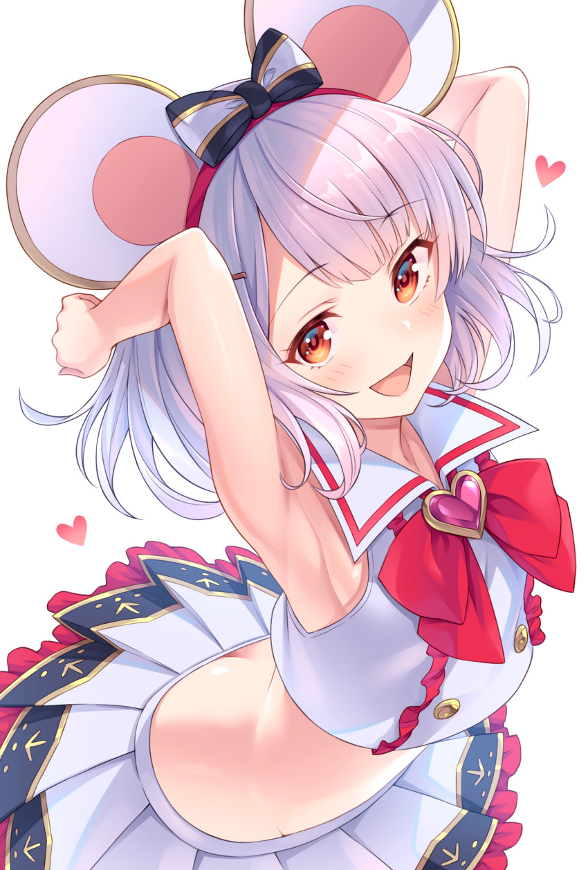 1girl :d adapted_costume animal_ears armpits arms_up bare_arms bare_shoulders bent_over black_bow bow bowtie brooch brown_eyes commentary_request crop_top crop_top_overhang eyebrows_visible_through_hair granblue_fantasy groin hair_bow hairband heart highres jewelry looking_at_viewer midriff miniskirt open_mouth pleated_skirt rat_ears sailor_collar shirt short_hair simple_background skirt sleeveless sleeveless_shirt smile solo tomo_(user_hes4085) vikala_(granblue_fantasy) white_background white_hair white_shirt white_skirt