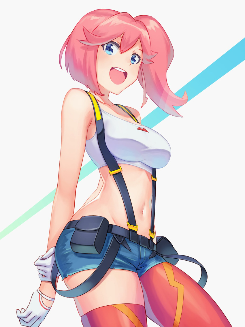 1girl :d aina_ardebit anbe_yoshirou armpit_crease arms_behind_back asymmetrical_legwear bare_arms bare_shoulders belt belt_pouch blue_eyes blue_shorts breasts collarbone cowboy_shot crop_top denim denim_shorts gloves groin highres large_breasts long_hair looking_at_viewer midriff navel open_mouth pink_hair pouch promare red_legwear shirt short_shorts shorts side_ponytail sleeveless sleeveless_shirt smile solo standing stomach suspenders thighhighs white_background white_gloves white_shirt
