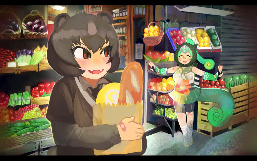 absurdres animal_ears bag bandaid bandaid_on_nose bear_ears bike_shorts black_hair blush bread camouflage chameleon_tail fangs food fruit grocery_bag highres igarashi_(nogiheta) japanese_black_bear_(kemono_friends) japari_bun kemono_friends ninja panther_chameleon_(kemono_friends) sailor_collar sandals shop shopping_bag skirt sleeveless tabi tail vegetable