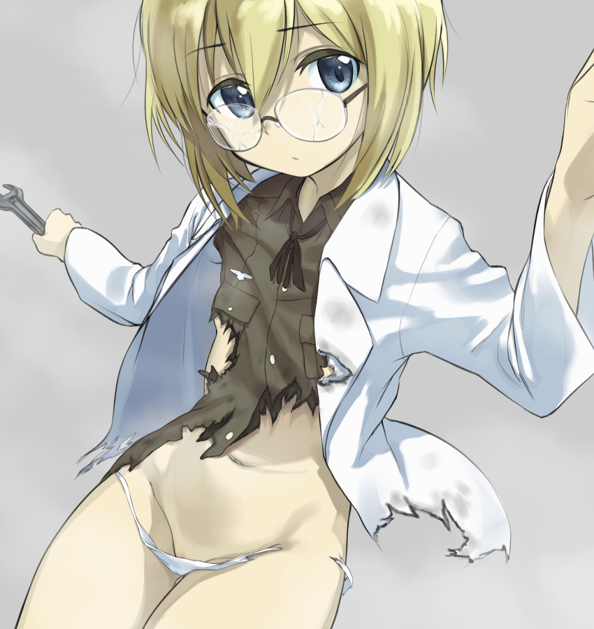 1girl blonde_hair breasts closed_mouth cracked_lens eyebrows_visible_through_hair fankupl glasses grey_background groin highres labcoat midriff military military_uniform navel panties short_hair simple_background small_breasts solo strike_witches torn_clothes torn_panties underwear uniform upper_body ursula_hartmann white_panties world_witches_series