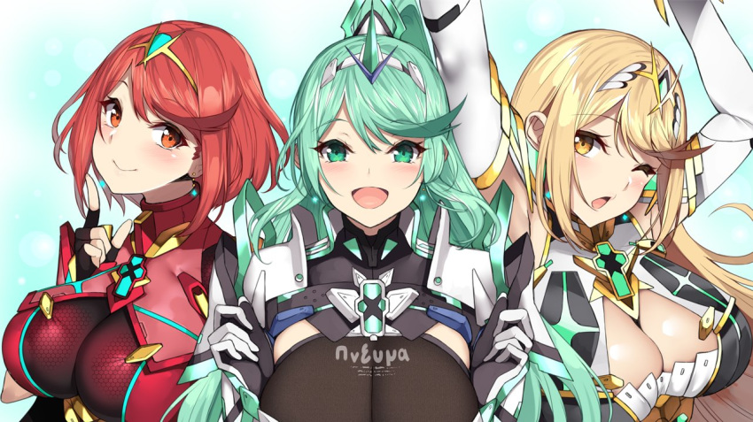 3girls :d ;o armor arms_up bangs blonde_hair blush breasts chest_jewel cleavage earrings eyebrows_visible_through_hair fingerless_gloves gloves green_earrings green_eyes green_hair hikari_(pokemon) homura_(xenoblade_2) index_finger_raised jewelry large_breasts long_hair looking_at_viewer multiple_girls one_eye_closed open_mouth pneuma_(xenoblade_2) ponytail red_eyes red_hair short_hair smile spoilers swept_bangs tiara upper_body xenoblade_(series) xenoblade_2 yappen yellow_eyes