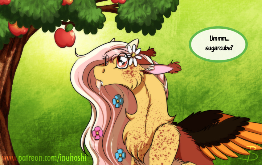 accessory apple apple_tree bodily_fluids chimera draconequus english_text fan_character female flower flower_in_hair food fruit hair hair_accessory hybrid inuhoshi-to-darkpen my_little_pony plant red_eyes saliva salivating serenity_(oc) text tongue tongue_out tree wings