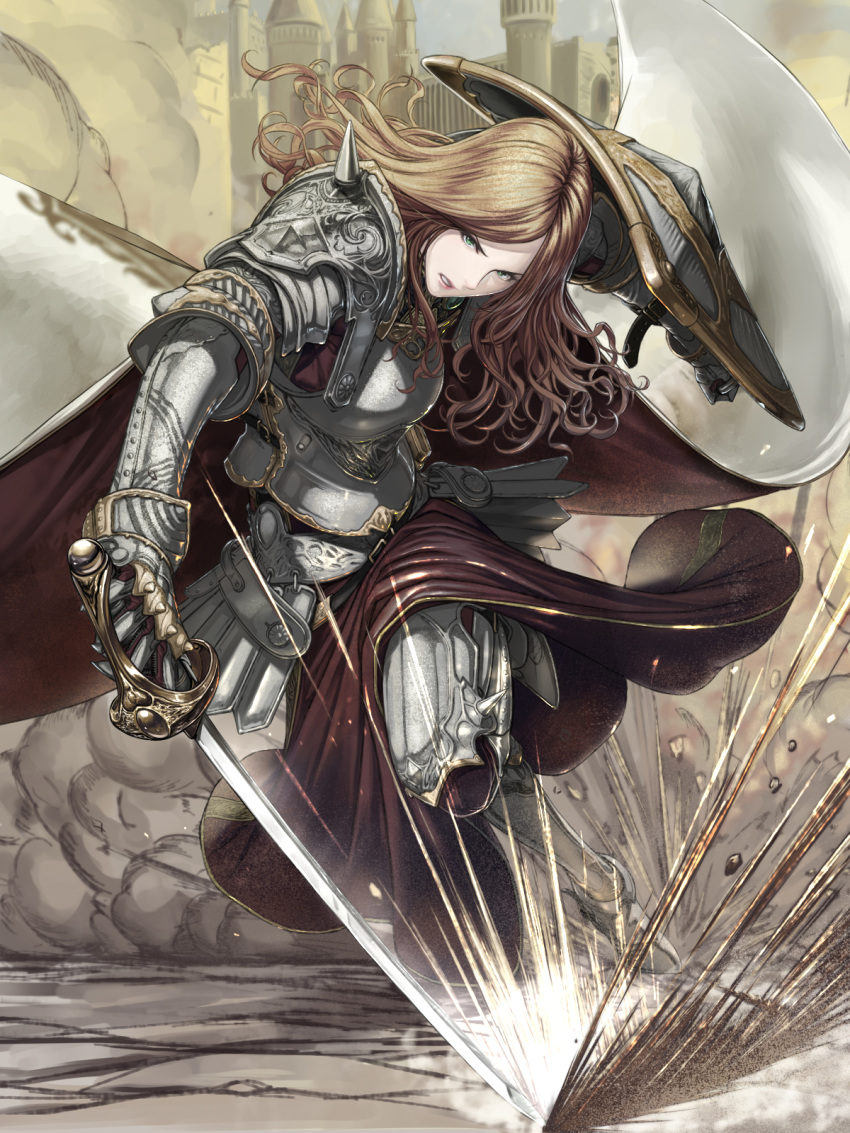 1girl armor armored_boots blue_eyes boots breastplate brown_hair cape castle clenched_teeth commentary_request dust_cloud fantasy faulds gauntlets headwear_removed helmet helmet_removed highres holding holding_sword holding_weapon knight long_hair looking_at_viewer original parted_lips plate_armor plume running sabaton saber_(weapon) sheath shield shisshou_senkoku shoulder_armor solo sparks sword teeth unsheathed waist_cape weapon
