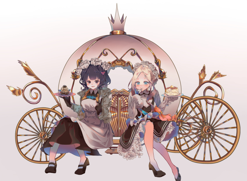 2girls abigail_williams_(fate/grand_order) absurdres alpha_(akatsuki-pun) blonde_hair blue_eyes bow bug butterfly c coach fate/grand_order fate_(series) flower food food_request fork gloves green_jacket hair_bow hair_ornament highres insect jacket katsushika_hokusai_(fate/grand_order) keyhole long_hair maid multicolored multicolored_eyes multiple_girls pancake plate purple_hair simple_background sleeves_past_fingers sleeves_past_wrists stairs stuffed_animal stuffed_toy teddy_bear type-moon wheel white_background