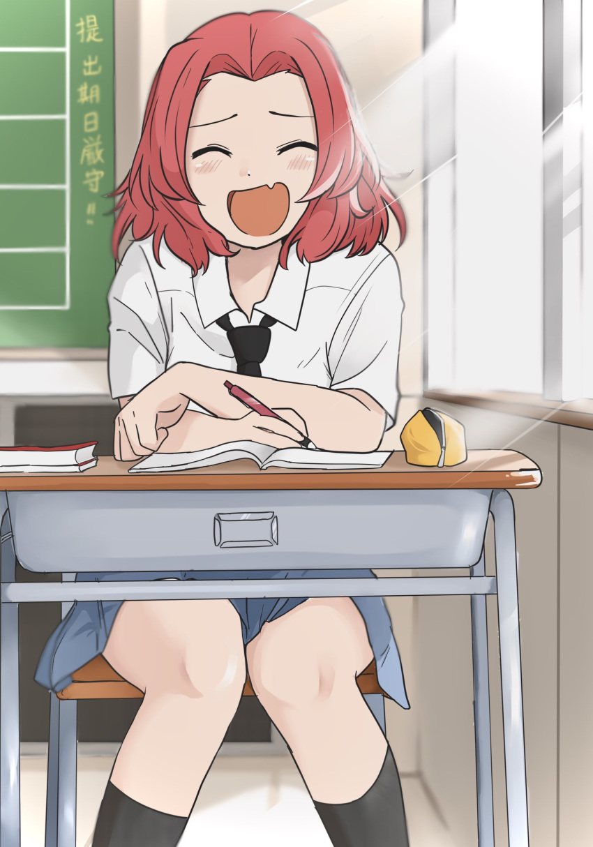 1girl chalk chalkboard classroom desk fang girls_und_panzer highres indoors laughing medium_hair necktie open_mouth pencil_case pleated_skirt red_hair rosehip_(girls_und_panzer) school school_desk school_uniform short_hair skin_fang skirt smile solo sunlight window zono_(inokura_syuzo029)