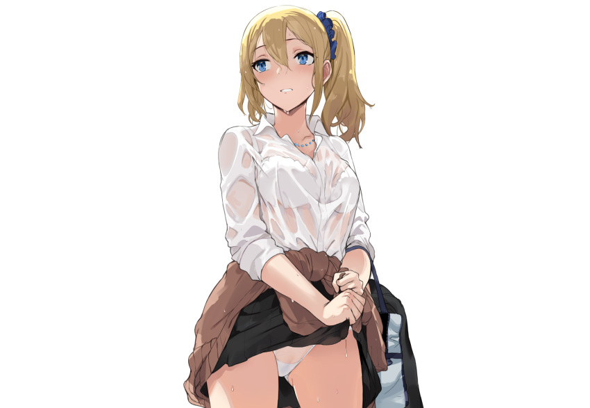 blonde_hair blue_eyes blush bra cameltoe hayasaka_ai hewsack kaguya-sama_wa_kokurasetai_~tensai-tachi_no_renai_zunousen~ necklace panties ponytail school_uniform see_through shirt skirt skirt_lift underwear wet white