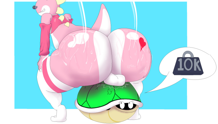 big_butt bodily_fluids butt clothed clothing cracked facial_piercing fan_character hand_on_thigh hi_res huge_butt koopa_troopa legwear male mario_bros multicolored_body nintendo nose_piercing nose_ring number piercing pink_body pink_skin scalie shell simple_background small_tail smile solo speech_bubble spikes sweat tea_bagging text thehalloweenfool_(artist) thick_thighs thigh_highs twerking two_tone_body video_games weights yoshi
