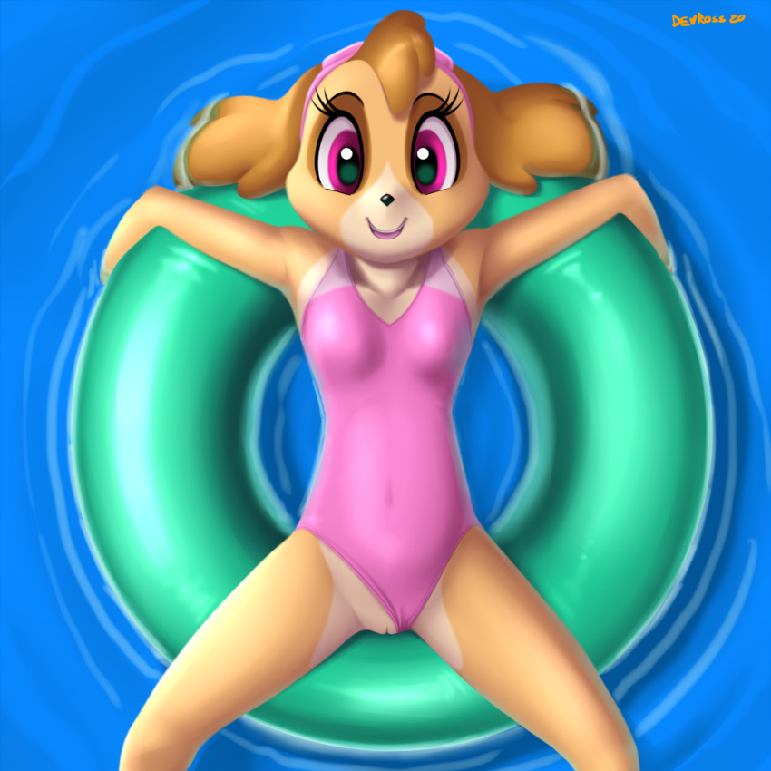 1:1 2020 anthro black_nose canid canine canis clothing clothing_aside devo87 digital_media_(artwork) domestic_dog eyelashes female genitals hi_res inner_tube looking_at_viewer mammal one-piece_swimsuit paw_patrol pussy signature skye_(paw_patrol) smile solo spread_legs spreading swimwear swimwear_aside water