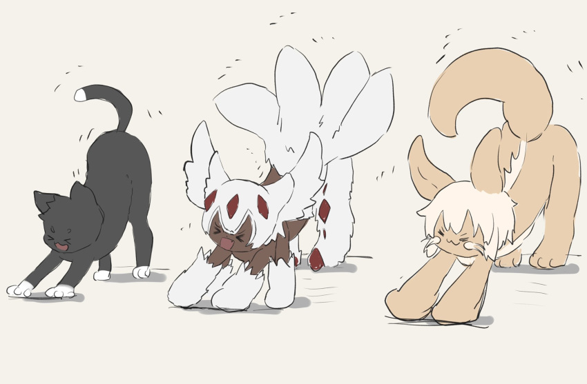 &gt;_&lt; 3_toes 4_arms :3 all_fours ambiguous_gender animal_humanoid anthro arthropod arthropod_humanoid ass_up big_ears black_body black_fur blonde_hair chibi dark_skin dipstick_tail domestic_cat eyes_closed faputa felid feline felis feral fluffy fur group hair hi_res hindpaw humanoid kemono lagomorph leg_markings made_in_abyss mammal mane markings multi_arm multi_limb multi_tail multicolored_body multicolored_fur multicolored_tail nanachi narehate nude open_mouth open_smile paws simple_background smile socks_(marking) stretching tan_body tan_fur toes tsukiya_(rajx3523) two_tone_body two_tone_fur white_background white_body white_fur