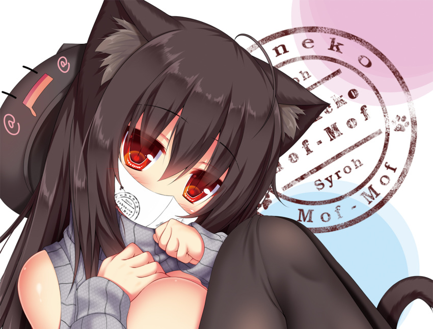 1girl animal_ears animal_hat bangs black_hair blush breasts cat_ears cat_tail eyebrows_visible_through_hair hat large_breasts long_hair looking_at_viewer mask mia_flatpaddy mouth_mask original red_eyes shoulder_cutout slit_pupils syroh tail