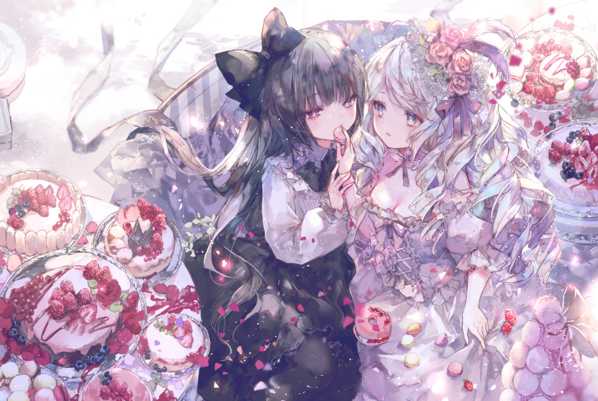 2girls black_bow black_hair black_skirt blueberry blush bow breasts brown_eyes cake cleavage commentary english_commentary feeding flower food fruit grey_eyes grey_hair hair_bow hair_flower hair_ornament half-closed_eyes highres holding holding_food long_hair long_sleeves macaron medium_breasts multiple_girls onineko original parted_lips pink_flower pink_rose puffy_long_sleeves puffy_short_sleeves puffy_sleeves rose shirt short_sleeves skirt sleeves_past_wrists strawberry very_long_hair white_shirt