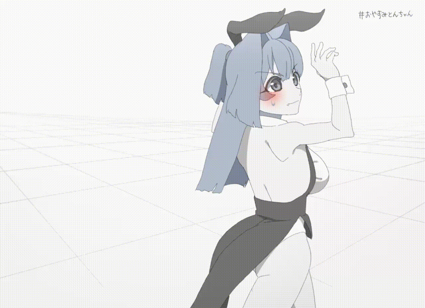 1girl animal_ears animated animated_gif bare_legs black_jacket blush bouncing_breasts bow bowtie breasts bunny_ears bunnysuit cleavage commentary cowboy_shot dancing detached_collar fake_animal_ears fang jacket large_breasts leotard long_hair miton-chan_(miton_(turuyasann)) miton_(turuyasann) open_mouth original short_twintails solo spot_color sweatdrop thighs tile_floor tiles twintails waist_cape white_leotard wrist_cuffs