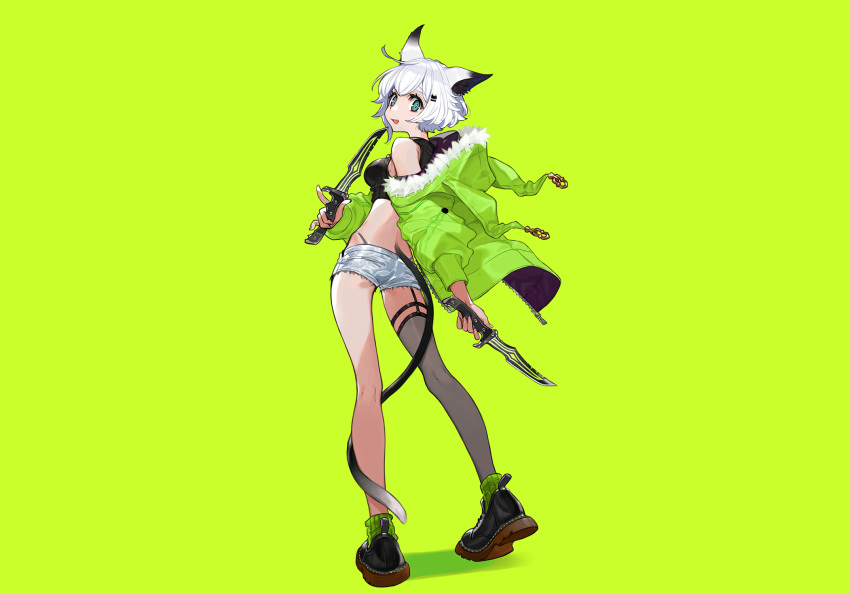 animal_ears aqua_eyes boots catgirl green hoodie knife original short_hair shorts socks stockings tail weapon white_hair yuu_(higashi_no_penguin)