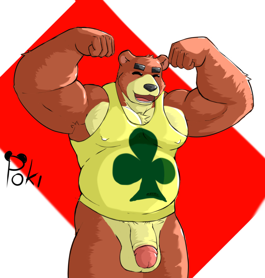 2020 animal_crossing anthro balls black_nose brown_body brown_fur clothing eyes_closed flaccid fur genitals hi_res humanoid_genitalia humanoid_hands humanoid_penis male mammal musclegut nintendo overweight overweight_male penis poki_eida shirt simple_background solo teddy_(animal_crossing) topwear ursid video_games