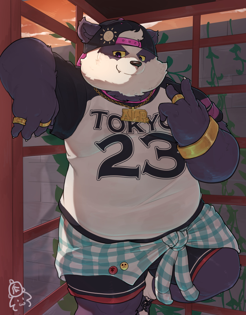 2020 absurd_res alp_(tas) anthro black_nose bottomwear clothing cute_fangs detailed_background fur giant_panda hat headgear headwear hi_res humanoid_hands kemono male mammal overweight overweight_male piero03432812 purple_body purple_fur shirt shorts solo tokyo_afterschool_summoners topwear ursid video_games white_body white_fur