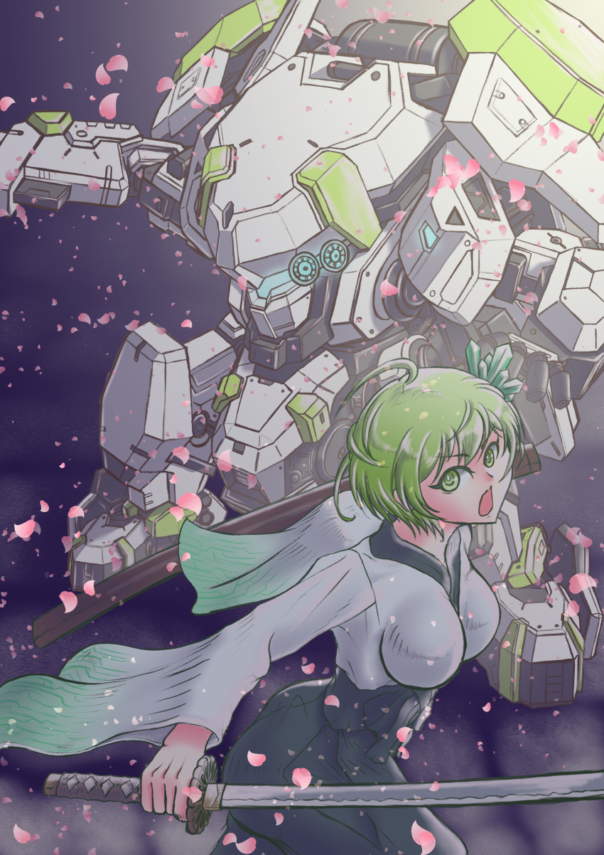 1girl absurdres amamiya_sakura amamiya_sakura_(cosplay) border_break cosplay cowlick crossover damian-666th green_eyes green_hair haty_(border_break) highres holding holding_sword holding_weapon kisei_kushiki looking_at_viewer mecha open_mouth sakura_taisen shin_sakura_taisen short_hair spiricle_fighter sword weapon