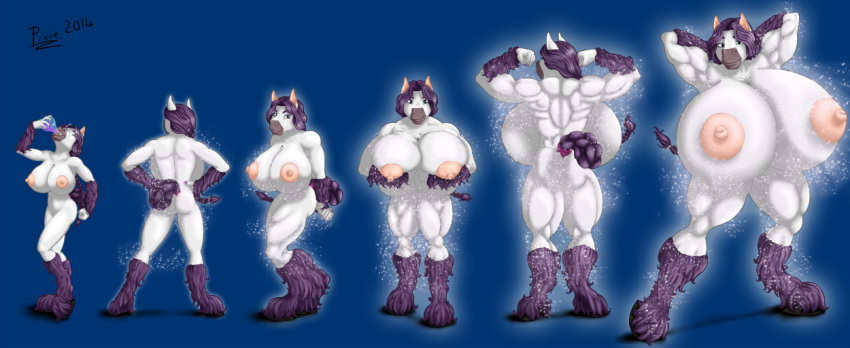anthro big_breasts breast_expansion breasts butt digital_drawing_(artwork) digital_media_(artwork) equid equine female flexing front_view growth growth_sequence hair hooves horse huge_breasts looking_at_viewer magic mammal multiple_scenes muscular muscular_female nipples nude pixiekirin pixiekirin_(character) pose potion purple_hair rear_view simple_background solo sparkles white_body