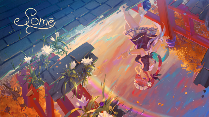 1girl bow brick_road flower hair_bow hair_flower hair_ornament highres hololive long_hair looking_down looking_to_the_side maid_headdress minato_aqua outdoors puddle purple_eyes purple_hair rainbow reflection sailor_collar signature solo tree twintails vinkyfre virtual_youtuber walking wrist_cuffs
