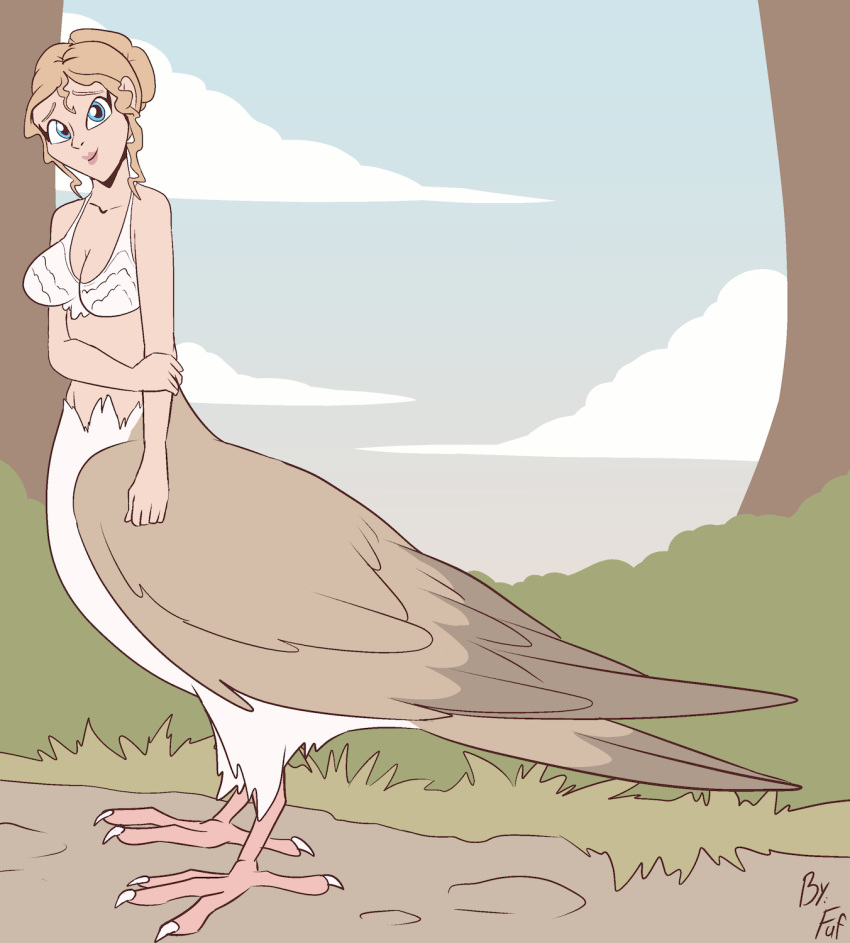 2020 avian avian_taur bird_feet blue_eyes bottomless breasts clothed clothing cloud feathers female fuf hair hi_res lips multicolored_body multicolored_feathers outside sky solo tail_feathers talons tan_body tan_feathers tan_hair tan_wings taur topwear white_body white_clothing white_feathers white_talons white_topwear wings