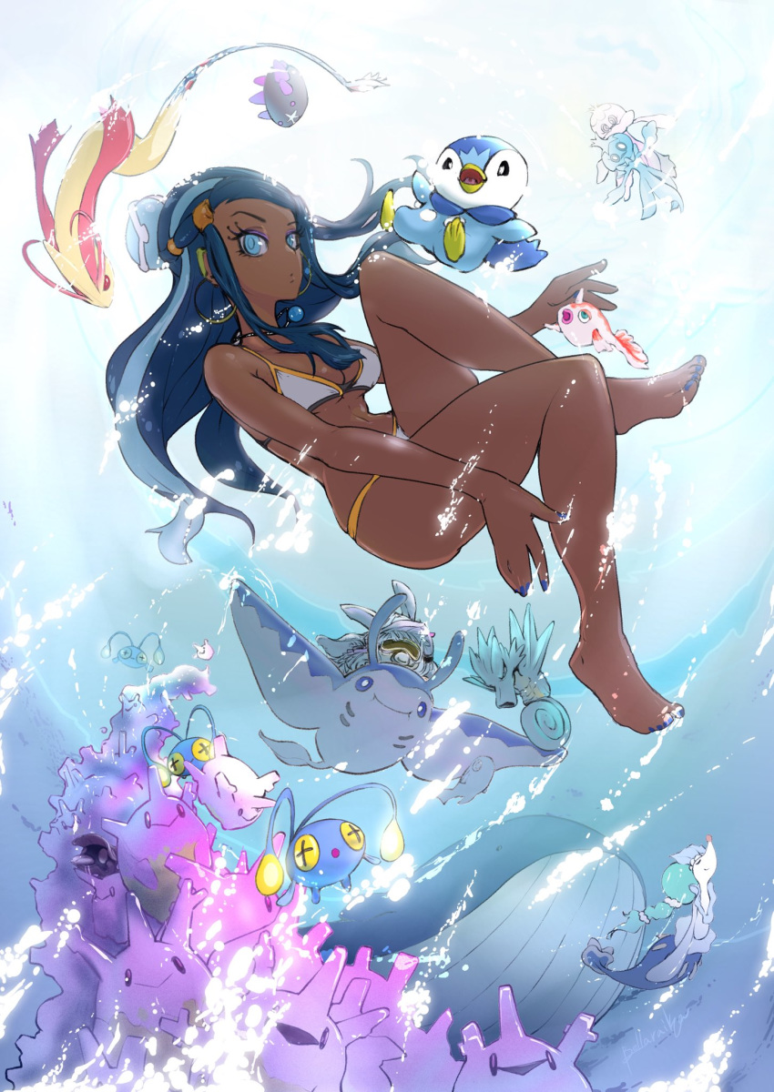 1girl artist_name backlighting barefoot bellaraika bikini blue_eyes blue_hair blue_nails breasts bubble chinchou closed_mouth corsola dark_skin day diving_mask earrings eyeshadow frillish gen_1_pokemon gen_2_pokemon gen_3_pokemon gen_4_pokemon gen_5_pokemon gen_7_pokemon goldeen hair_bun hair_ornament highres hoop_earrings horse jewelry leg_up long_hair made_in_abyss makeup mantine mascara medium_breasts milotic nail_polish nanachi_(made_in_abyss) necklace piplup pokemon pokemon_(game) pokemon_swsh primarina pyukumuku rurina_(pokemon) seadra shellder signature skindentation snorkel solo submerged swimsuit toenail_polish underwater wailord water white_bikini