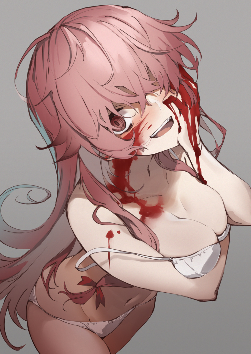 1girl bare_arms bare_shoulders blood blood_on_face bloody_hands bra breasts cleavage collarbone commentary_request from_above gasai_yuno grey_background hair_over_one_eye highres long_hair looking_at_viewer mirai_nikki navel panties pink_eyes pink_hair red_eyes simple_background smile solo underwear upper_teeth white_bra white_panties yuuuuu