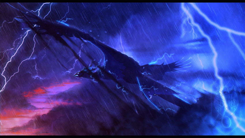 2020 ambiguous_gender black_bars day detailed_background digital_media_(artwork) dragon feathered_dragon feathered_wings feathers feral hi_res horn lightning outside raining sinistereternity sky solo wings