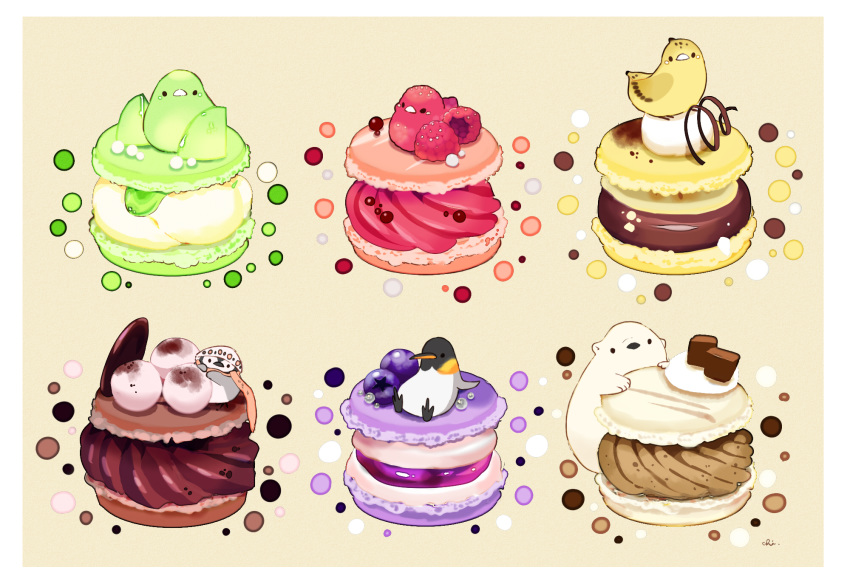 artist_name bear beige_background bird blue_berry border chai chocolate commentary_request cream food fruit hat highres macaron melon no_humans original penguin raspberry scarf simple_background sitting_on_food