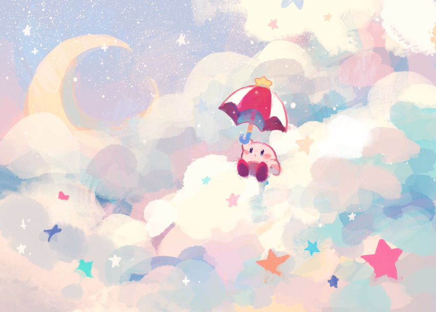 beanynne cloud cloudy_sky crescent_moon highres kirby kirby_(series) moon multicolored sitting sitting_on_cloud sky solo star star_(sky) starry_sky tagme umbrella