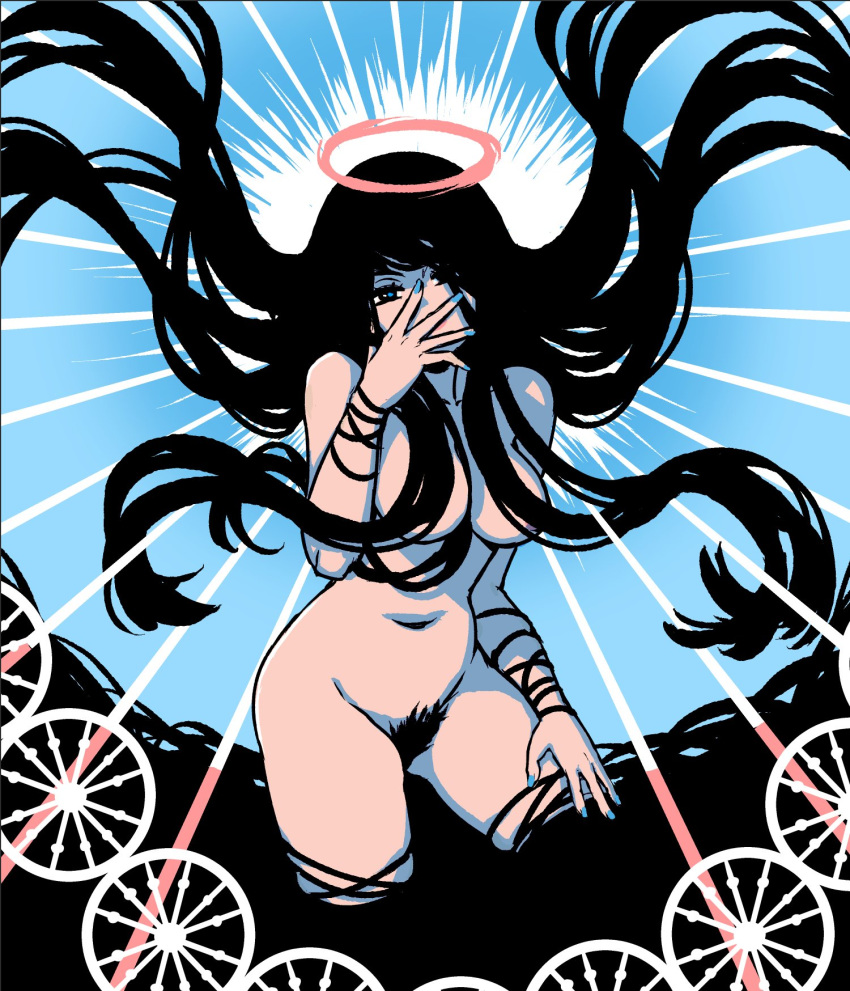 1girl akairiot arm_ribbon black_hair blue_background blue_eyes breasts commentary covering_mouth cropped_legs english_commentary flat_color floating_hair hair_censor hair_over_one_eye halo high_contrast highres large_breasts light_ray long_hair navel nude original pubic_hair ribbon solo thigh_ribbon very_long_hair