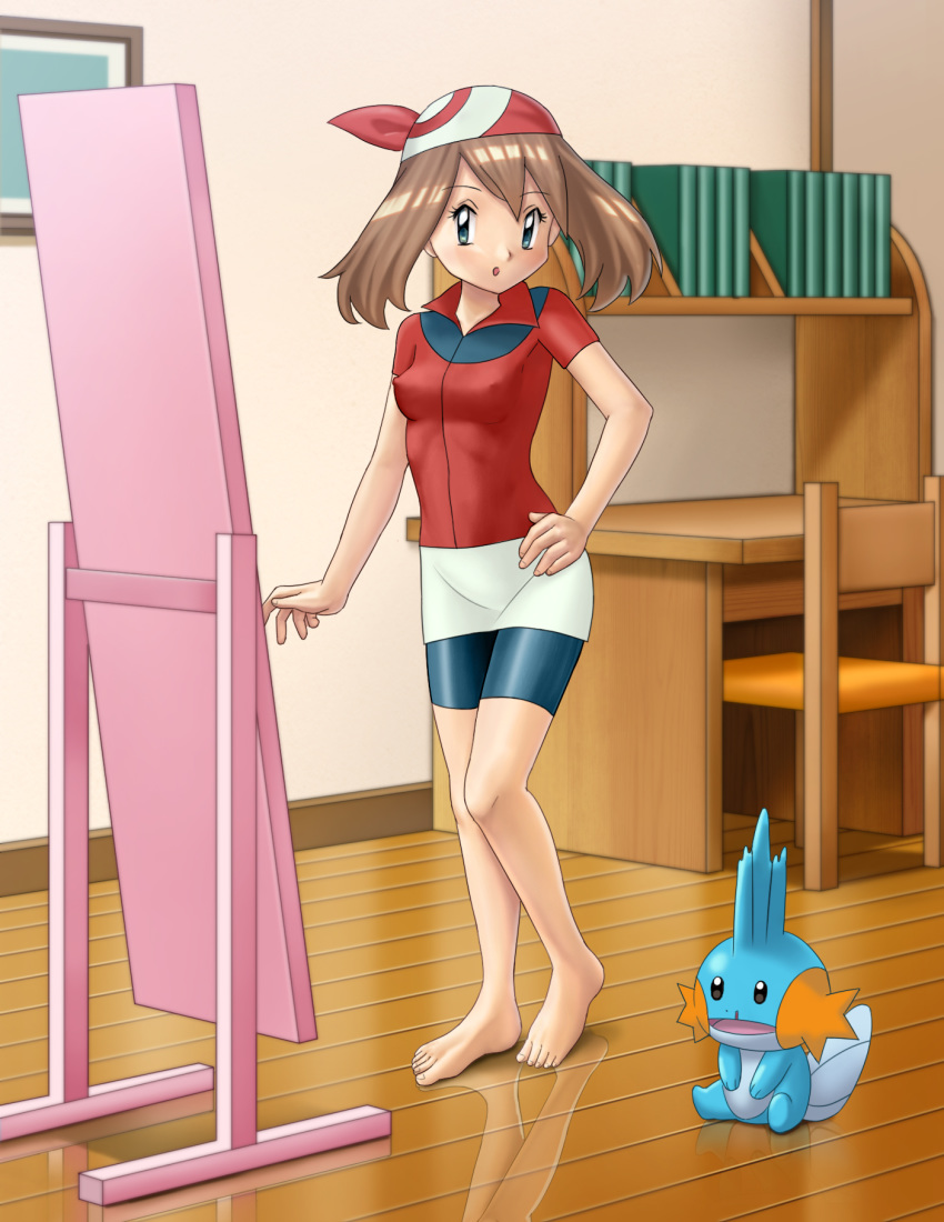 1girl aqua_eyes bandana bangs barefoot bike_shorts black_eyes blood blush book breasts brown_hair chair commentary_request covered_nipples desk eyebrows_visible_through_hair feet full-length_mirror full_body gen_3_pokemon hand_on_hip haruka_(pokemon) highres indoors kisugizumi light_blush medium_hair miniskirt mirror mudkip no_bra nosebleed open_mouth pencil_skirt pokemon pokemon_(creature) pokemon_(game) pokemon_rse red_headwear red_shirt reflection shiny shiny_clothes shiny_hair shirt short_sleeves shorts shorts_under_skirt sitting skirt small_breasts solo_focus standing white_skirt