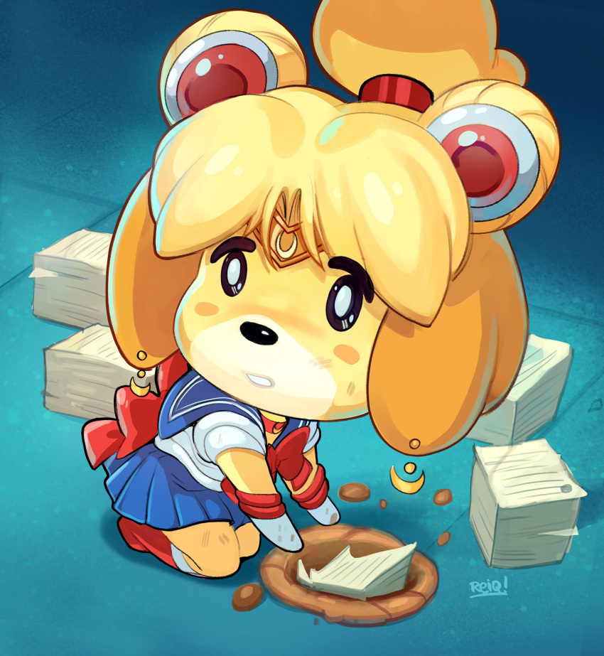 animal_crossing anthro bottomwear canid canine canis chibi clothing cosplay crossover crossover_cosplay dirt domestic_dog ear_piercing female hi_res isabelle_(animal_crossing) mammal nintendo piercing reiq sailor_moon_(series) sailor_moon_redraw_challenge serafuku skirt video_games