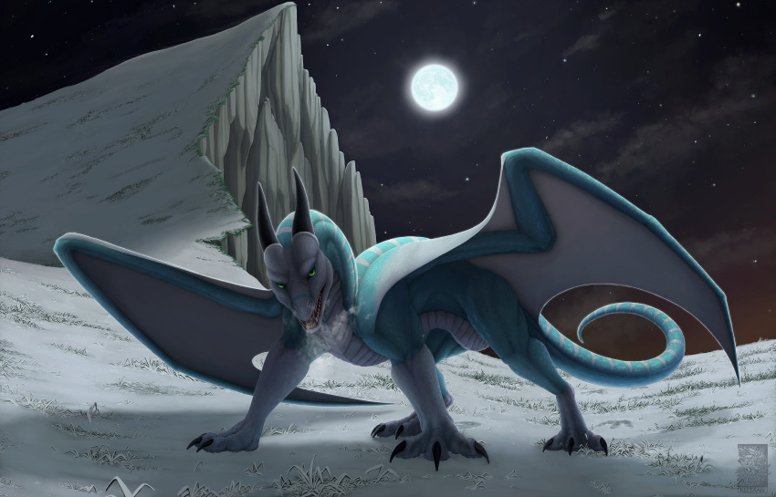 2019 absurd_res blue_body blue_scales claws detailed_background digital_media_(artwork) dragon feral grass green_eyes hi_res horn keltaan male membrane_(anatomy) membranous_wings moon night open_mouth outside scales scalie sky solo spines standing star starry_sky teeth western_dragon wings