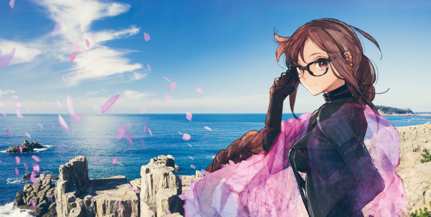 1girl bangs black-framed_eyewear black_dress black_gloves blue_sky braid breasts brown_eyes brown_hair choker cliff consort_yu_(fate) dress earrings elbow_gloves fate/grand_order fate_(series) glasses gloves grey_dress highres jewelry layered_dress long_hair looking_at_viewer medium_breasts multiple_earrings ocean official_art petals ribbed_dress ribbon-trimmed_dress shawl sidelocks single_braid sky smile toi8 turtleneck_dress very_long_hair