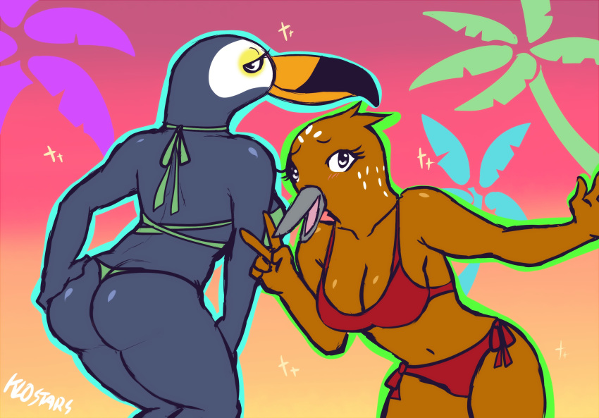 anthro avian beak bertie bikini bikini_thong bird breasts butt cleavage clothed clothing duo female gesture hi_res holding_butt klostars looking_at_viewer looking_back netflix swimwear toucan tuca tuca_and_bertie v_sign