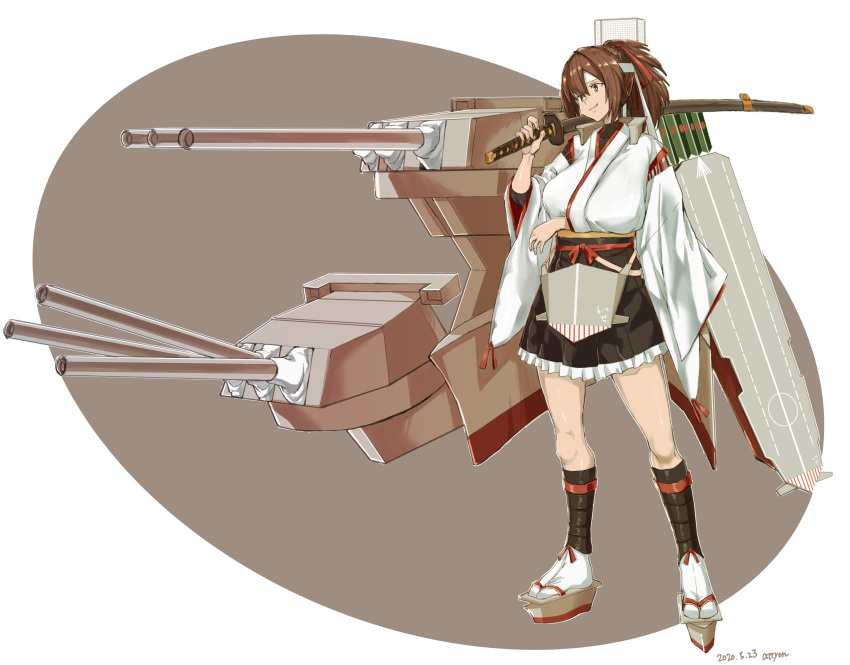 1girl absurdres black_skirt breasts brown_hair full_body geta hachimaki hair_ribbon headband highres holding holding_sword holding_weapon ise_(kantai_collection) kantai_collection killing-inthe-name large_breasts looking_to_the_side machinery nontraditional_miko ponytail red_ribbon remodel_(kantai_collection) ribbon sheath sheathed short_hair skin_tight skirt solo sword turret undershirt weapon wide_sleeves