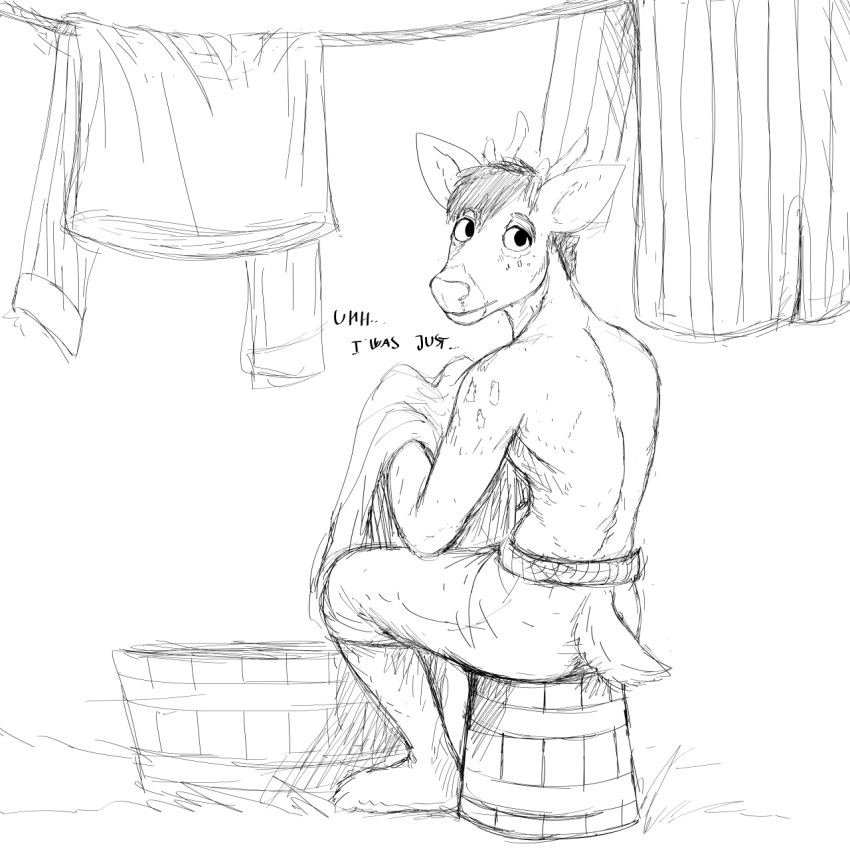 1:1 anthro antlers barefoot biped black_and_white cervid clothed clothing deer_prince dialogue english_text hair hi_res hladilnik horn laundry looking_back male mammal monochrome simple_background sitting sketch solo text topless white_background